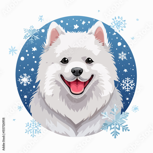 Festive winter design featuring a smiling Samoyed dog surrounded by delicate snowflakes against a blue backdrop for holiday greetings.