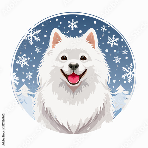 Cheerful white Samoyed dog with a snowy winter backdrop, great for greeting cards, party invitations, or seasonal designs.