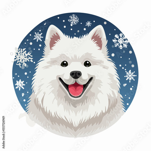 Cheerful white Samoyed dog design against a wintery snowflake background, ideal for use in holiday themed projects and branding.