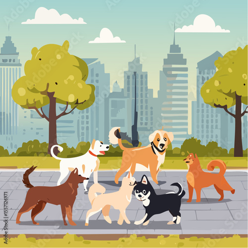 Playful dogs enjoy a walk in a vibrant cityscape, creating a cheerful and dynamic scene perfect for branding related to pets or outdoor activities.