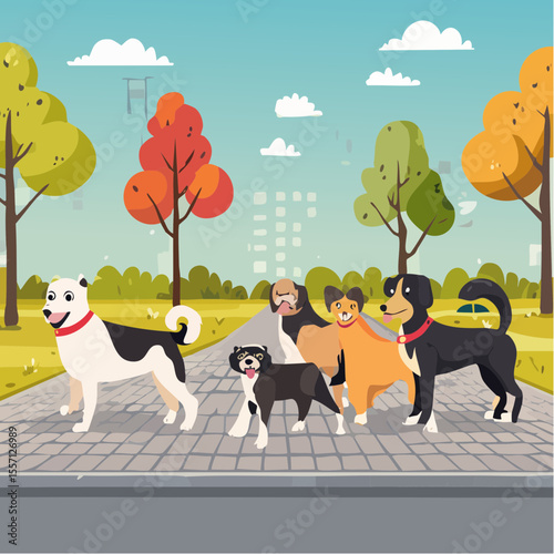 Cheerful dogs walking in a park, a whimsical pet design showcasing friendship, perfect for children's book, pet store graphic, or dog lover gifts.