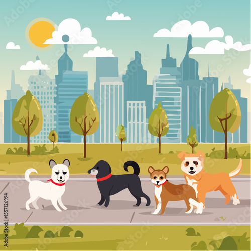 Charming graphic featuring a group of dogs enjoying a stroll in a city park with a sunny background and stylized buildings.