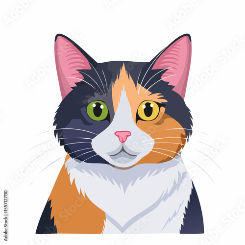 Adorable calico cat design with striking eyes, perfect for pet-related projects and adding a touch of feline charm to any creative endeavor.