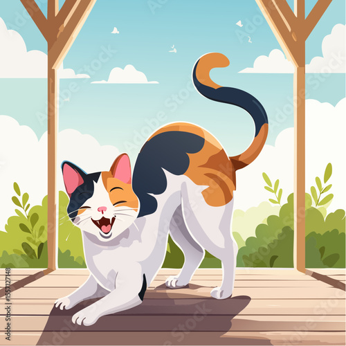 A charming graphic of a stretching calico cat on a porch, ideal for pet-related brands, children's designs, and playful springtime themes.