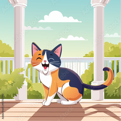 Cheerful cartoon cat sits happily on a porch with a bright, sunny background, creating a playful and delightful element for design projects.