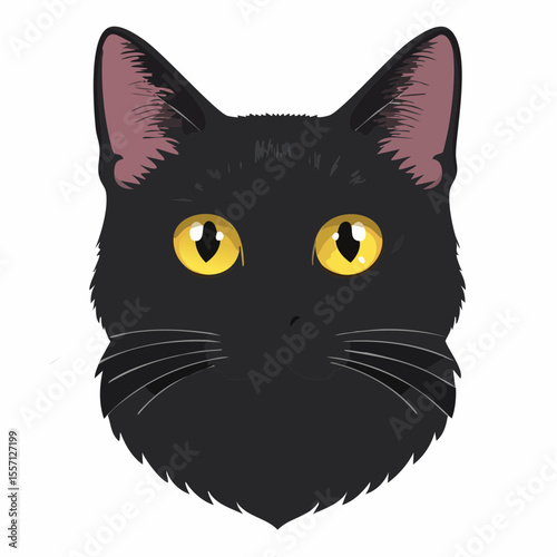 Charming black cat head graphic with striking yellow eyes is ideal for logos, icons, or fun cartoon animal designs.
