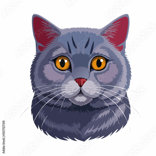 A cute cat head graphic shows a beautiful gray shorthair with amber eyes, perfect for pet related design or animal themed projects.