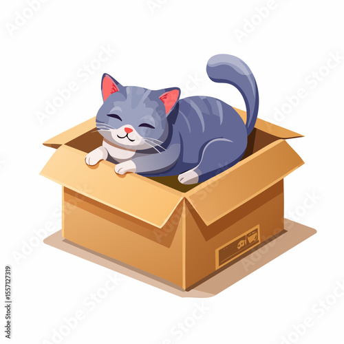 A charming feline cartoon graphic shows a tabby cat nestled contentedly inside a cardboard box, evoking feelings of home and comfort in a simple design.