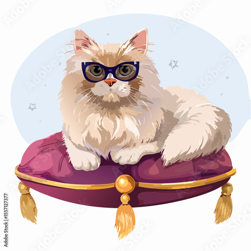 An elegant feline design featuring a cute cat with glasses lounging on a purple cushion, suitable for various creative projects.