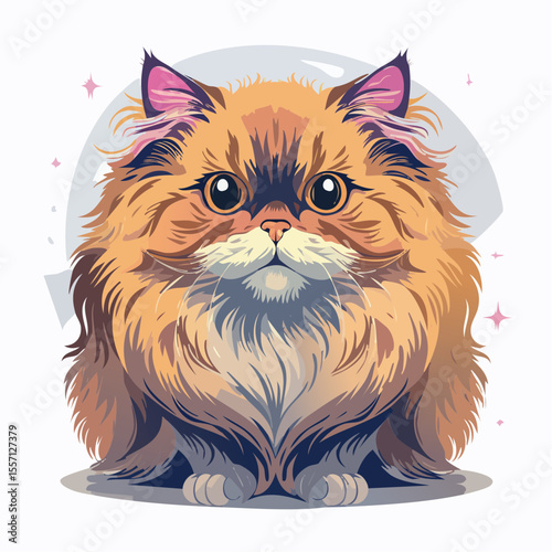 A fluffy, cartoonish cat graphic showcasing a cute pet character, perfect for stickers, apparel designs, and children's books with a playful animal theme.