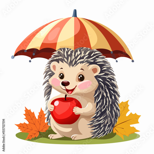 A charming hedgehog character holding a bright red apple stands beneath a colorful umbrella, surrounded by autumn leaves in a cute, seasonal design.