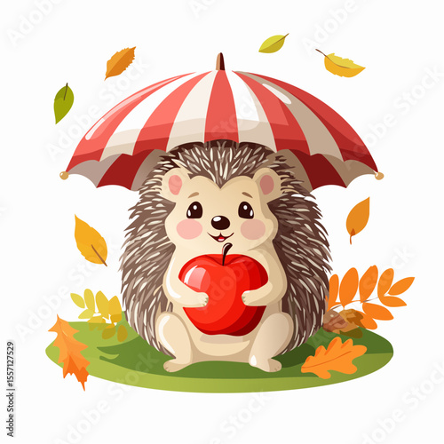 An adorable hedgehog holding a red apple under a striped umbrella stands among falling leaves, perfect for autumn and animal-themed designs.