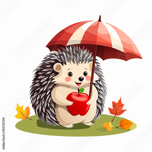 Charming hedgehog character holding an apple under a red and white striped umbrella with falling leaves creates a delightful seasonal graphic.