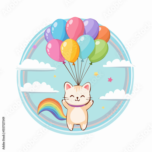 A cheerful cartoon kitty floats among clouds holding colorful balloons, perfect for birthday cards or whimsical graphic designs.