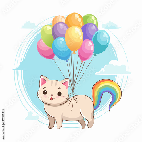 A cheerful cartoon cat with a rainbow tail floats among the clouds, held aloft by a colorful bunch of balloons for whimsical designs.