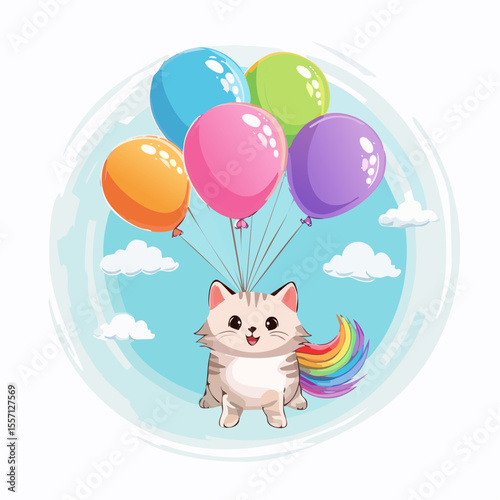 A cute cartoon kitten floats in the sky attached to colorful balloons, suitable for kids' designs and cheerful themed graphics.