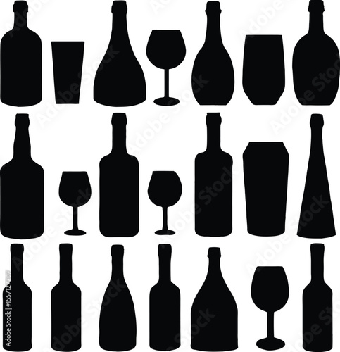 Wine and Beverage Bottles and Glasses Silhouettes on a White Background