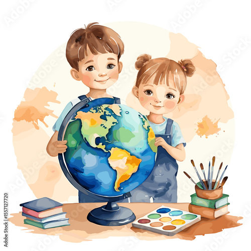 Charming Watercolor Illustration of Children Exploring a Globe with Art Supplies and Books