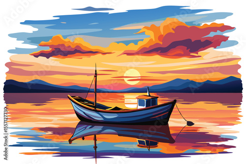 Boat on Calm Water Reflecting Colorful Sunset Sky Over Mountains Illustration