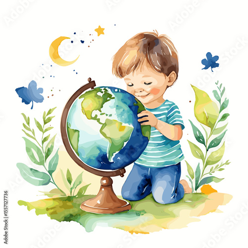Watercolor Illustration of a Child Exploring a Globe with Nature Elements and Celestial Accents
