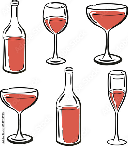 Hand Drawn Wine Bottles and Glasses with Red Wine Illustration