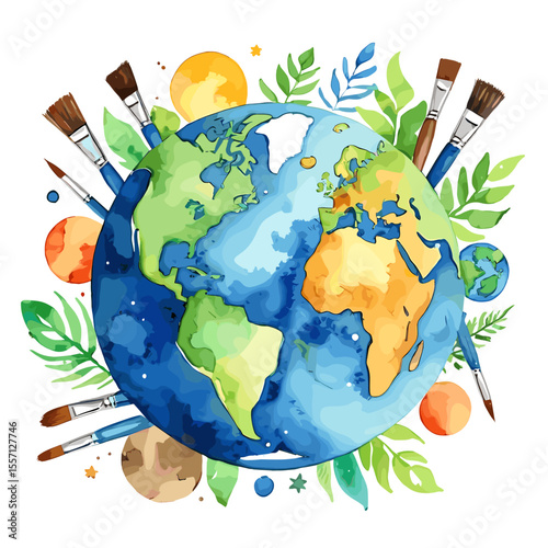 Vibrant Watercolor Earth with Paintbrushes and Leaves Illustrating Artistic Global Creativity and Environmental Harmony