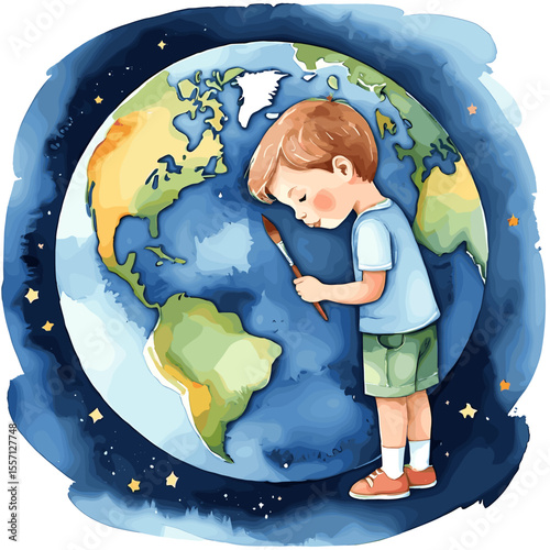 Child Painting Earth Illustration - Young Artist with Paintbrush Creating a Colorful World - Environmental Awareness and Creativity Concept