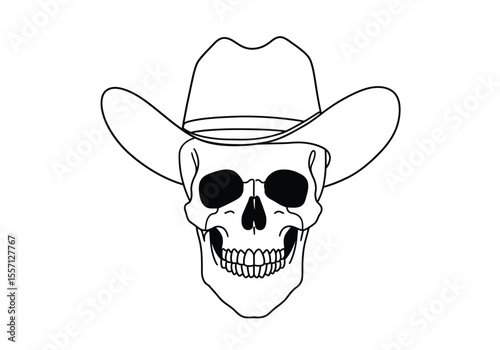 Cowboy skull drawing. It is a black and white outline image of a cranium wearing a classic cowboy hat, embodying a rugged Western theme. Vector sketch line art draw.