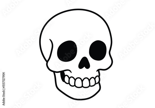 Cartoon skull drawing. It is a black and white outline image of a stylized cranium, featuring simplified features and a playful appearance. Vector sketch line art draw.