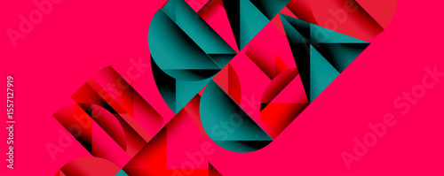 Abstract geometric shapes, vibrant pink background, teal accents. Modern design, sharp angles, dynamic composition. Bold colors create visual interest.