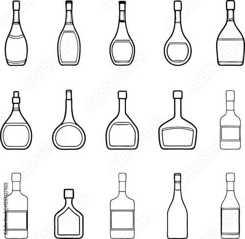 Collection of Various Liquor Bottles in Black and White Outline Style