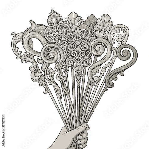 Hand holding a bouquet of ornate, decorative scepters or wands with swirling, floral, and leafy designs.