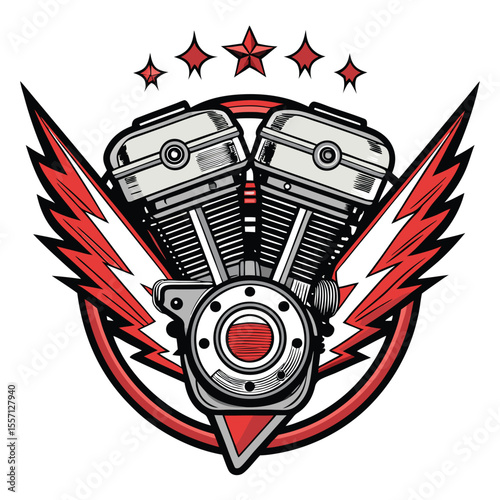 Retro motorcycle patch art, showcasing a classic V-twin engine design.