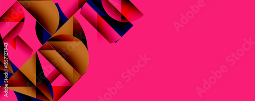 Abstract geometric shapes, vibrant colors dominate composition. Pink background contrasts with brown, blue elements. Modern design.