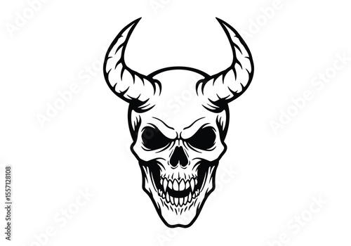 Demon skull drawing. It is a black and white outline image of a horned cranium with sharp fangs and sinister eyes, exuding an evil aura. Vector sketch line art draw.