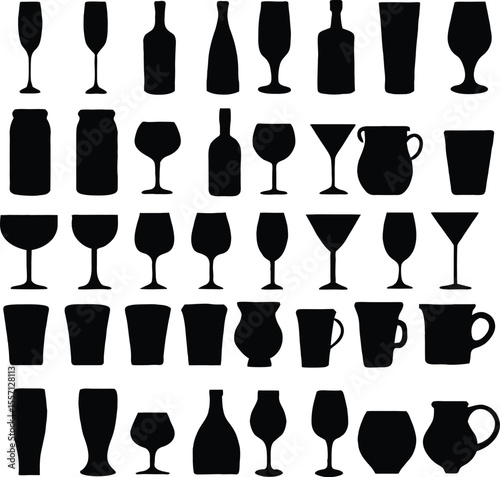 Collection of drinkware silhouettes including glasses bottles cans and mugs