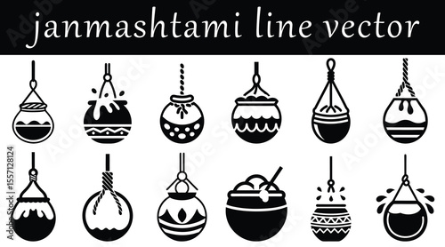 line vector illustration of Janmashtami matka handi overflowing collection