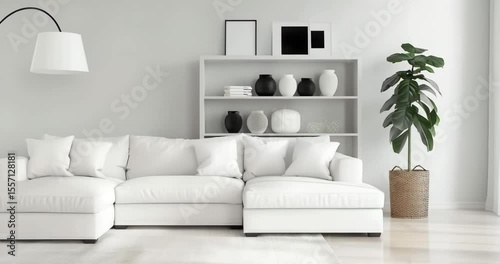 Modern Minimalist Interior Design Featuring a White Sectional Sofa and a Stylish Shelving Unit with Decorative Items