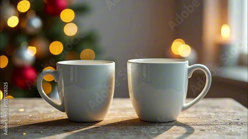 Cozy holiday mornings: two mugs on wooden table with festive background bokeh