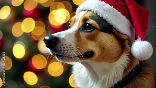 Festive corgi captivated by holiday lights in christmas santa hat