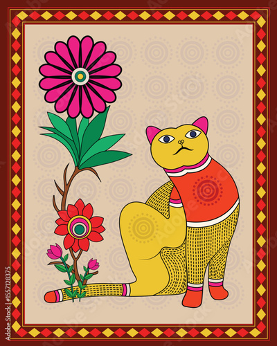 Madhubani Art: Playful Cat with Vibrant Flowers - Nature's Grace. Madhubani art, Cat art, Flower art Madhubani, Indian folk