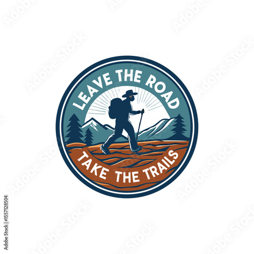 Minimalist oval badge featuring hiker silhouette against sun, leaves, trees, forest. Outdoor adventure themed.