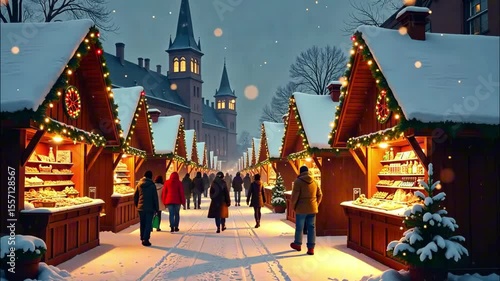 Festive winter market at night with snowfall and illuminated stalls