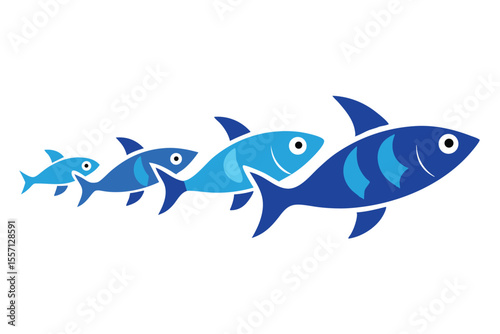 Cartoon Fish Family Swimming Together, Blue Tones, Simple and Cute Illustration Style