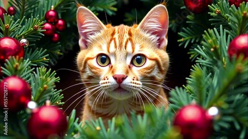 Curious orange cat exploring festive christmas tree adorned with red baubles