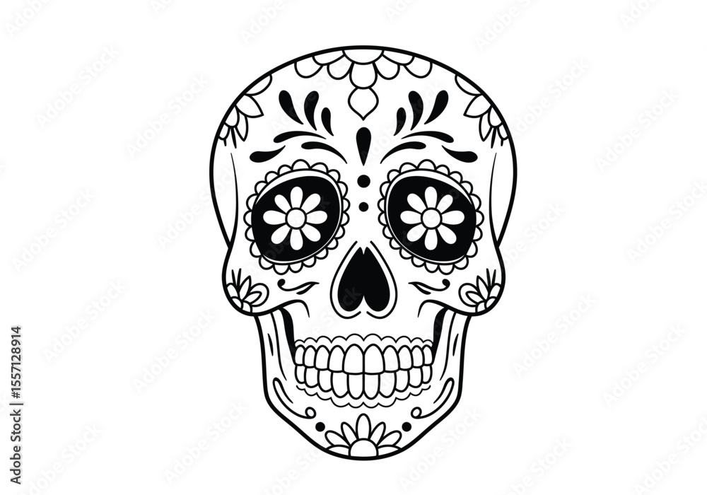 Fototapeta premium Mexican skull drawing. It is a black and white outline image of a sugar skull, adorned with ornate floral patterns and traditional designs for Day of the Dead. Vector sketch line art draw.