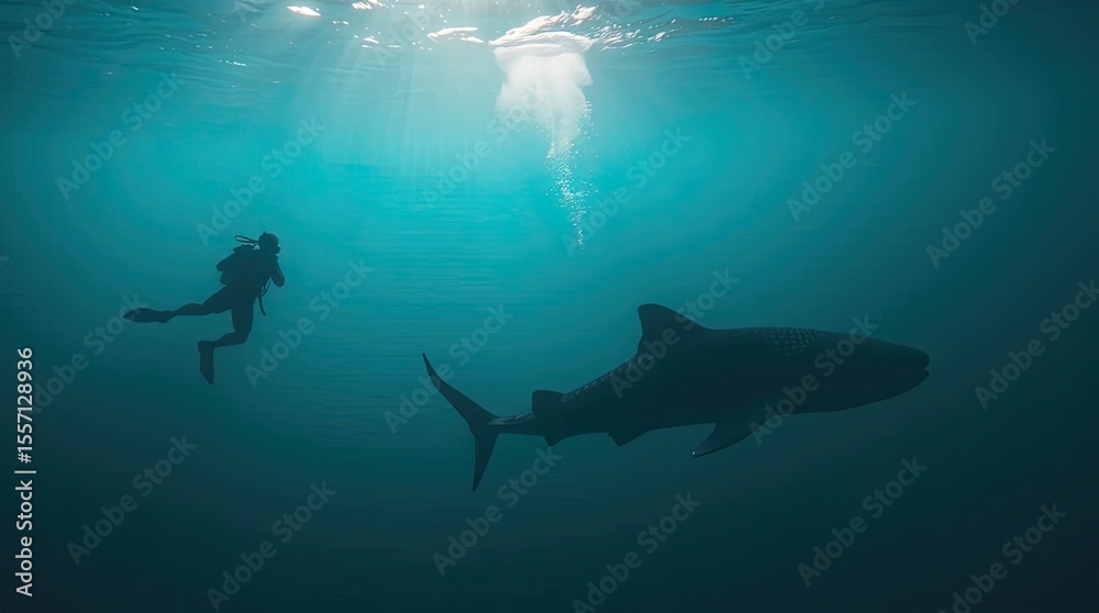 Naklejka premium A rich deep teal background features the silhouette of a diver swimming alongside a whale shark. Luxurious, vibrant, commercial-grade image with professional quality