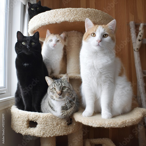 four cats sitting on beige cat tree perch near window black white tabby pets feline indoor