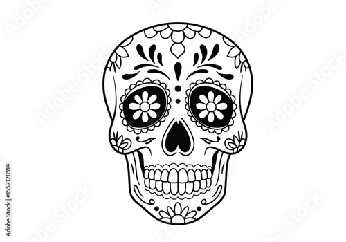 Mexican skull drawing. It is a black and white outline image of a sugar skull, adorned with ornate floral patterns and traditional designs for Day of the Dead. Vector sketch line art draw.