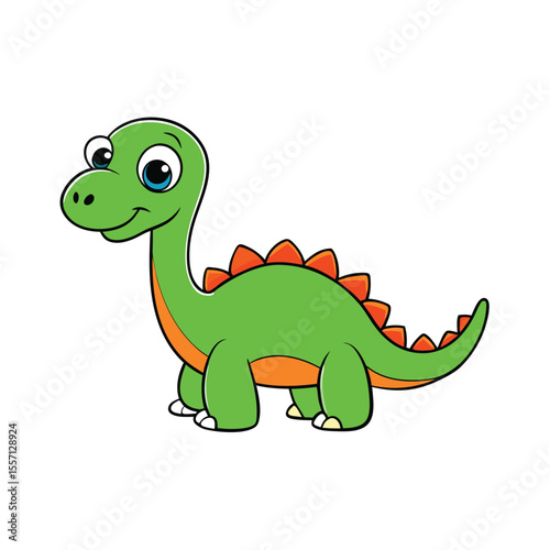 Cartoon Green Dinosaur with Orange Spikes and Belly on White Background Illustration